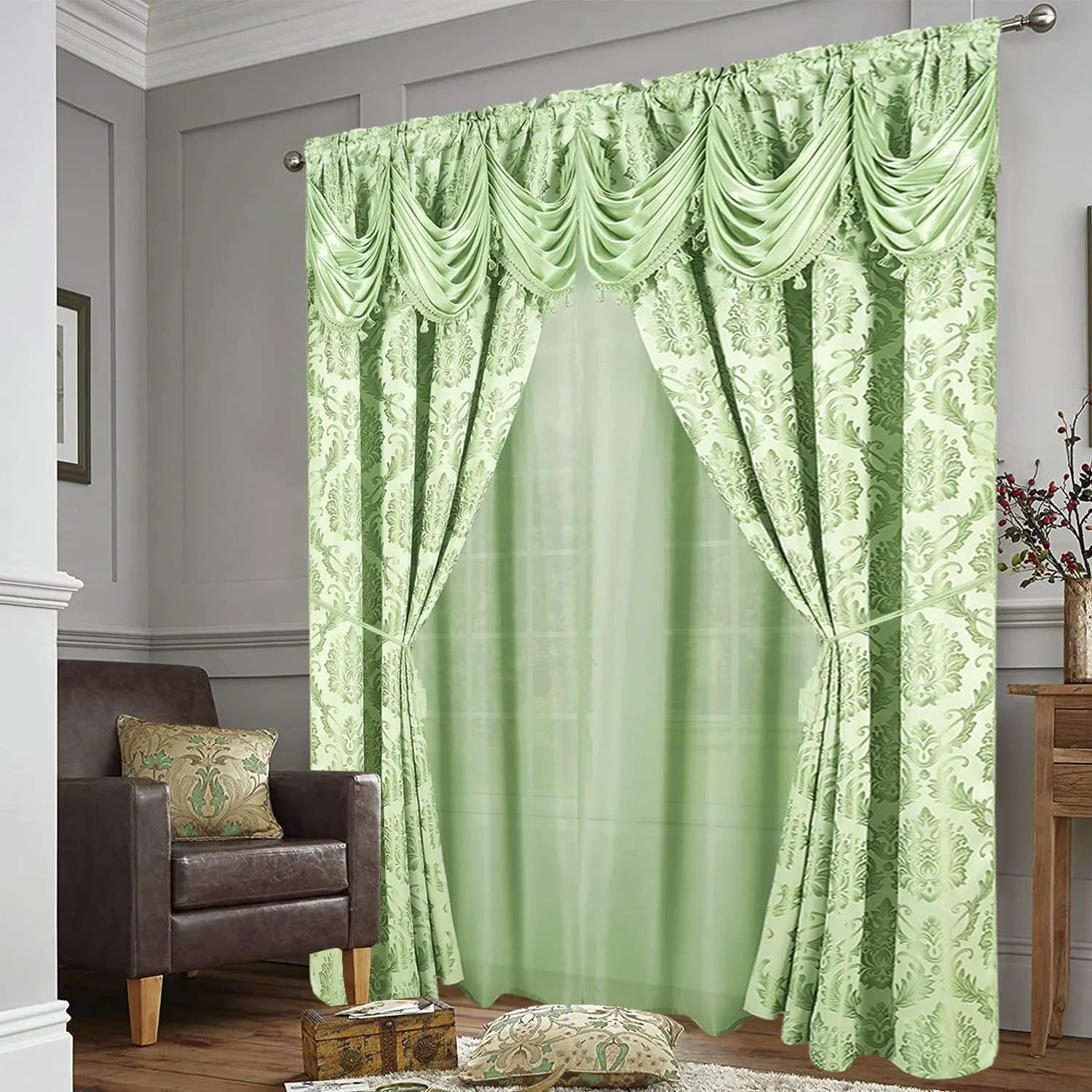 DreamField Linen Jacquard Window Curtains 274.32cm (108"W) x 213.36cm (84"L) Set | Elegant Damask Design with Valance & Tie-Backs - view 7