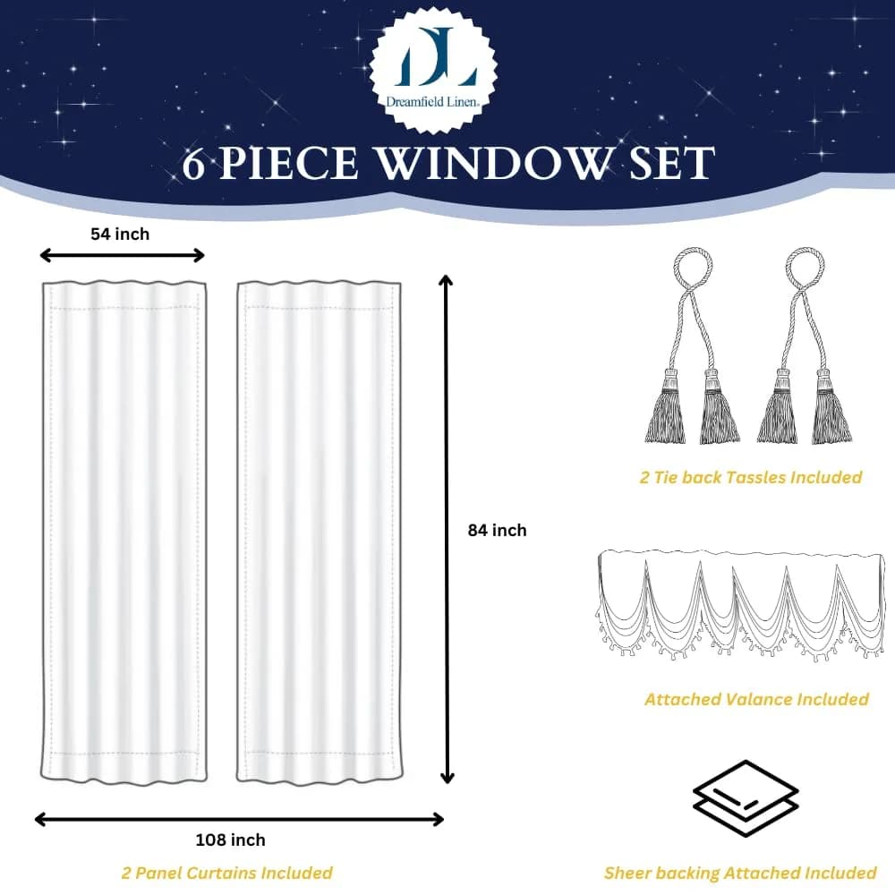 DreamField Linen Jacquard Window Curtains 274.32cm (108"W) x 213.36cm (84"L) Set | Elegant Damask Design with Valance & Tie-Backs - view 2