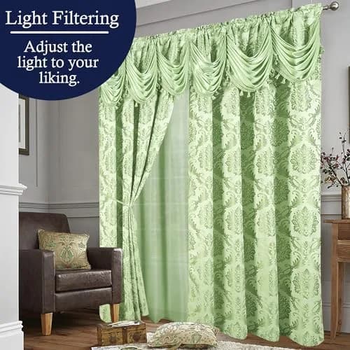 DreamField Linen Jacquard Window Curtains 274.32cm (108"W) x 213.36cm (84"L) Set | Elegant Damask Design with Valance & Tie-Backs thumbnail 3