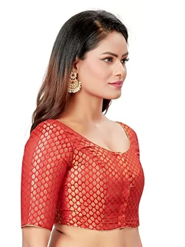 Madhu Fashion Women's Polyester Half Sleeve Saree Blouse (Mf1913) Size 42 Red | Banaras Brocade Readymade Blouse with Gold Piping thumbnail 4