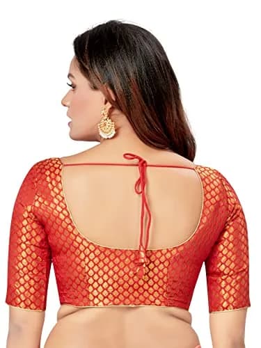 Madhu Fashion Women's Polyester Half Sleeve Saree Blouse (Mf1913) Size 42 Red | Banaras Brocade Readymade Blouse with Gold Piping thumbnail 2