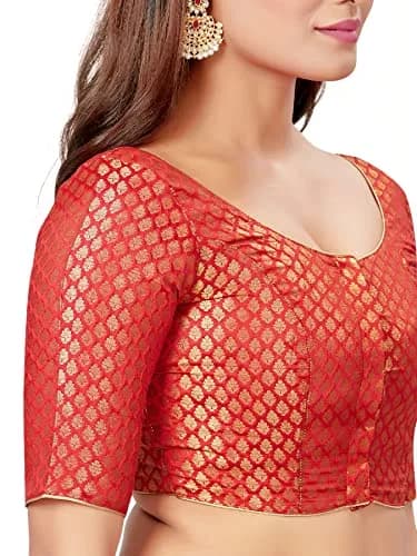 Madhu Fashion Women's Polyester Half Sleeve Saree Blouse (Mf1913) Size 42 Red | Banaras Brocade Readymade Blouse with Gold Piping thumbnail 3