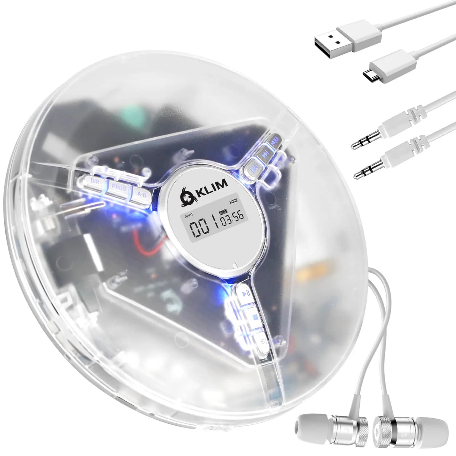 KLIM Discman Portable CD Player with Headphones, Built-in Battery, Pink | Anti-Skip Protection — Clear White