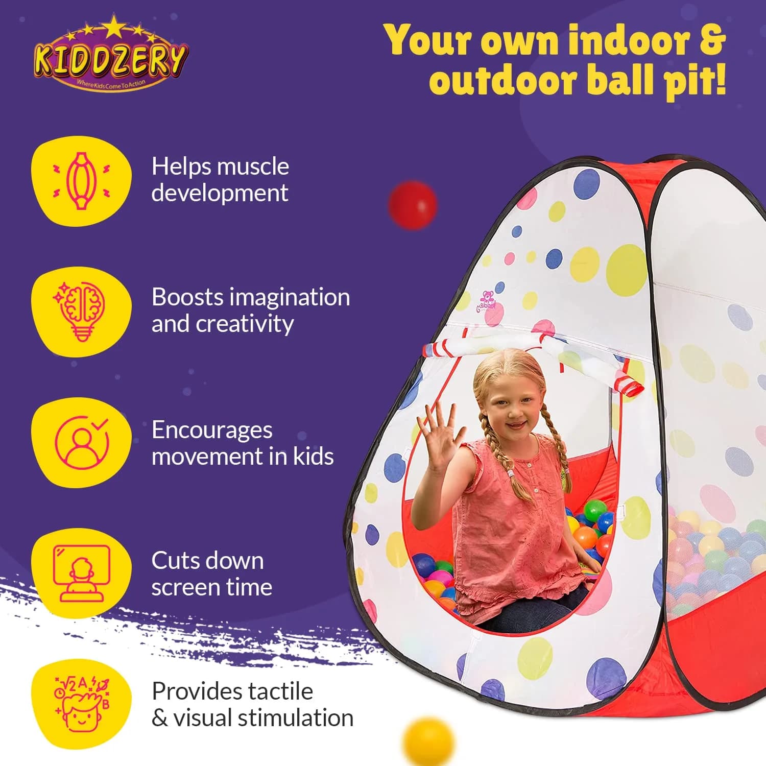 Kiddey Pop Up Ball Pit Play Tent with 50 Balls | 142cm x 127cm x 76cm | Safe Indoor Outdoor Fun - view 7
