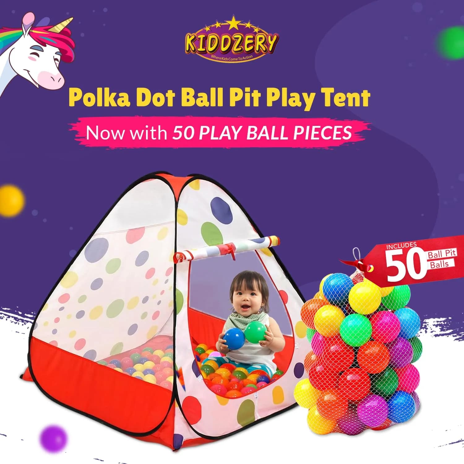 Kiddey Pop Up Ball Pit Play Tent with 50 Balls | 142cm x 127cm x 76cm | Safe Indoor Outdoor Fun - view 2