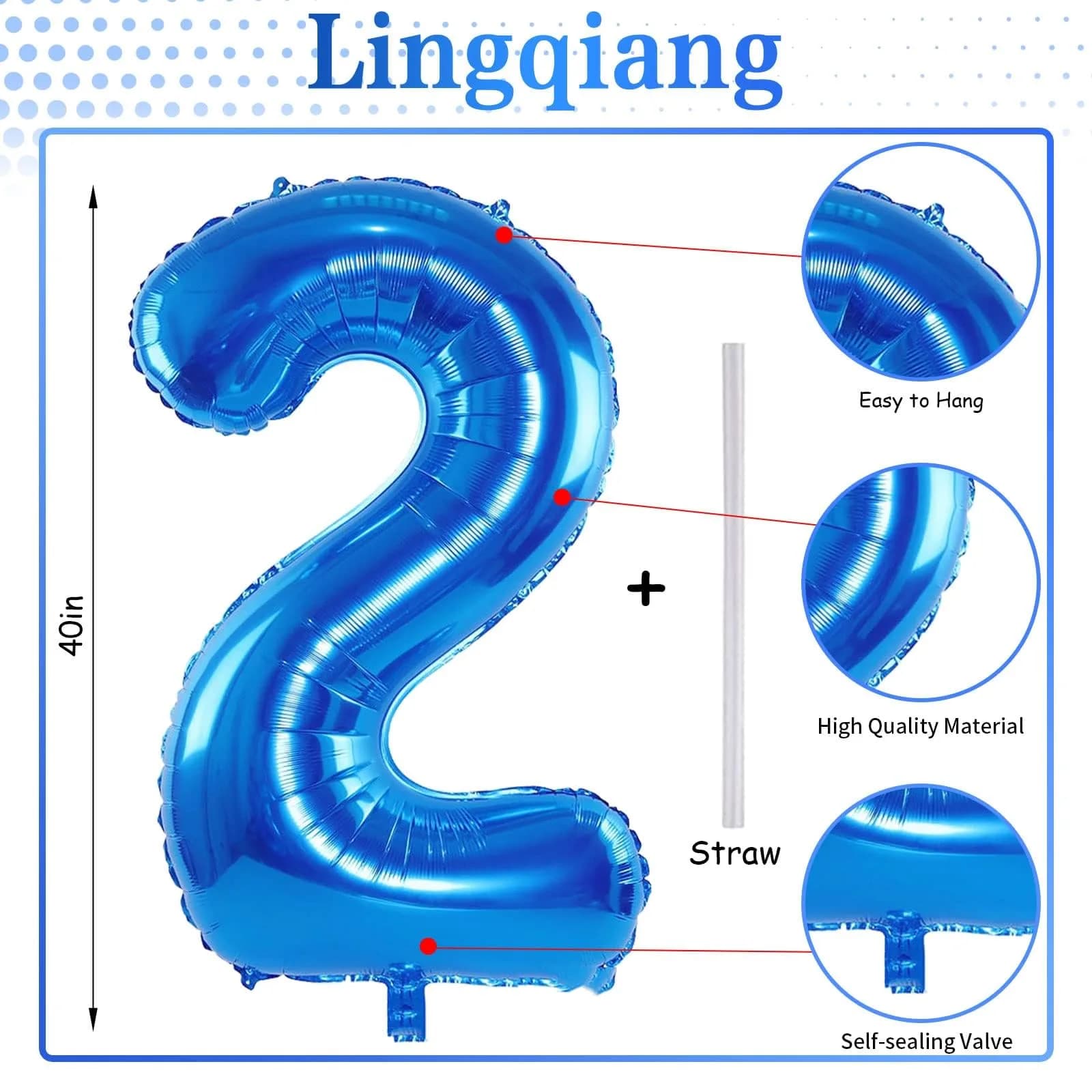 Lingqiang Blue Number 2 Foil Balloon 40 Inch | Reusable Mylar Party Decoration - view 2