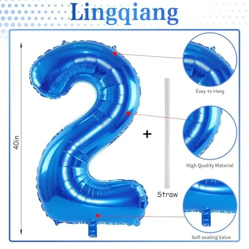 Lingqiang Blue Number 2 Foil Balloon 40 Inch | Reusable Mylar Party Decoration thumbnail 2