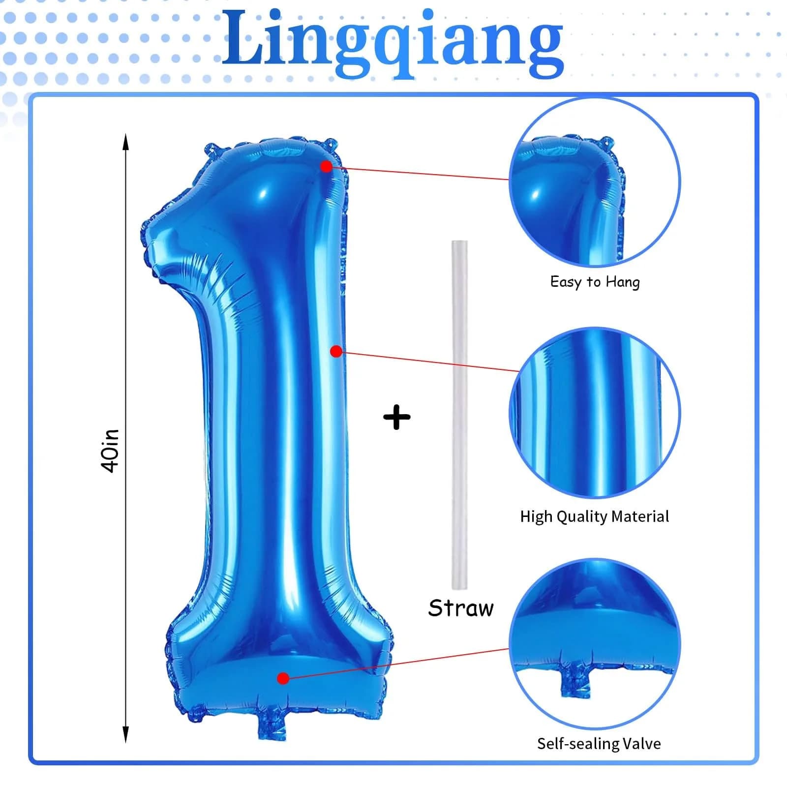 Lingqiang Blue Number 1 Balloon 40 inch | Giant Self-Inflating Foil Balloon for Parties - view 2