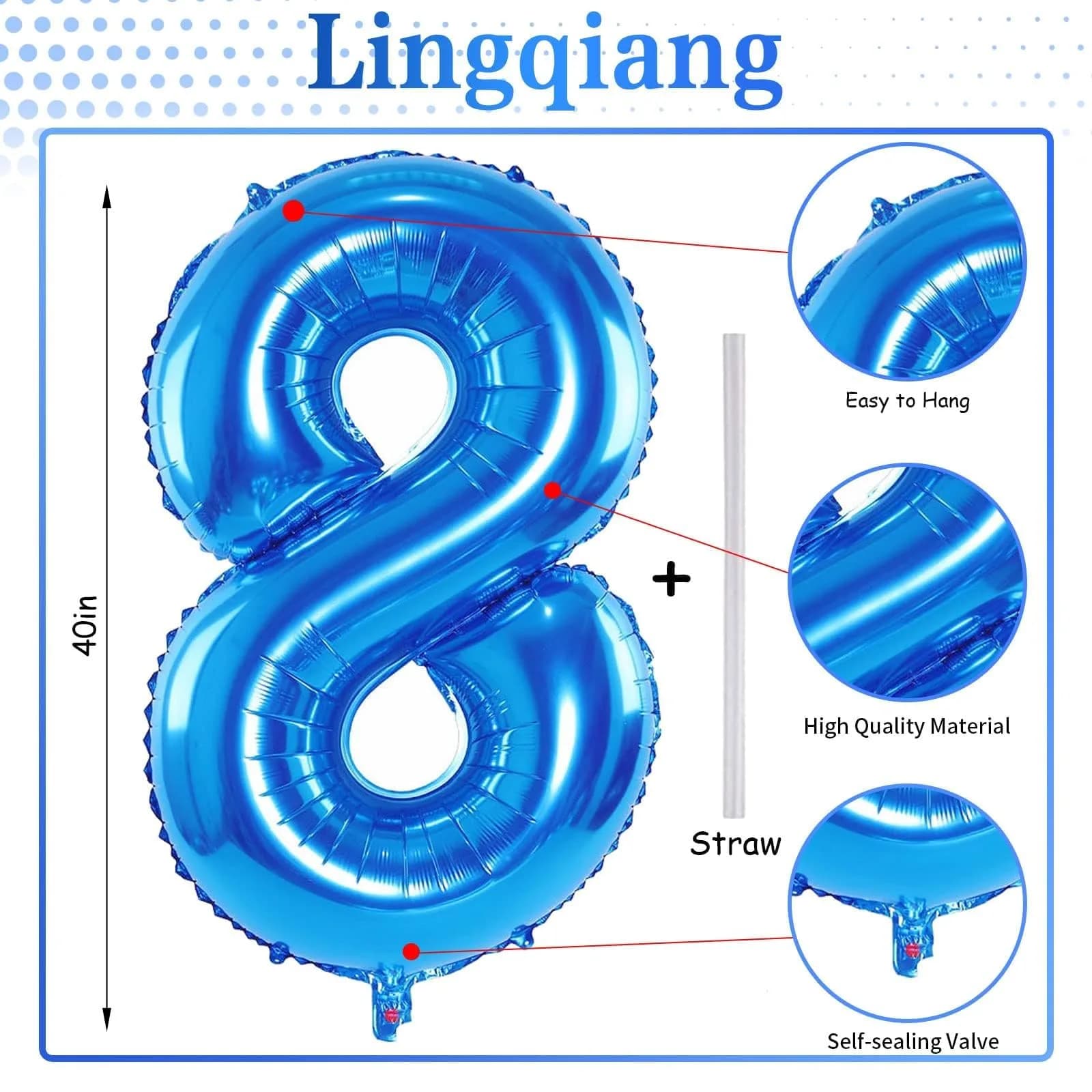 Lingqiang Blue Number 8 Foil Balloon 40 inch | Giant Self-Inflating Helium Balloon for Parties - view 2