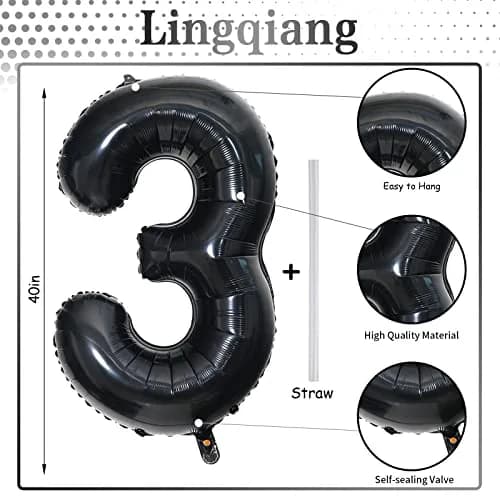 Lingqiang Black Number 3 Balloon 40 inch | Reusable Foil Party Decoration thumbnail 2