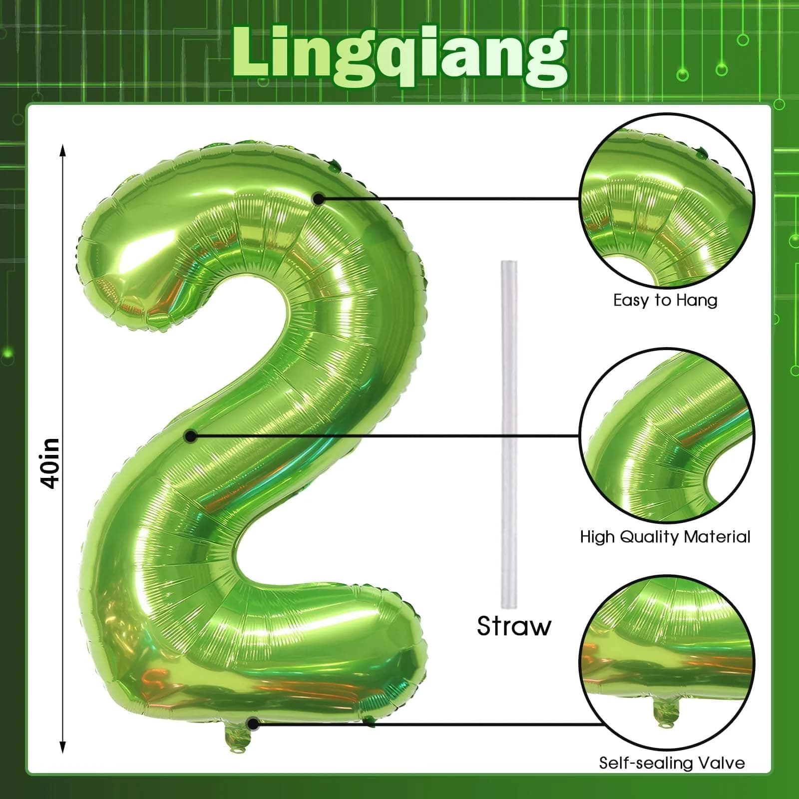 Lingqiang 40 Inch Giant Green Number 2 Foil Balloon | Reusable Helium Mylar Digit for Parties - view 2