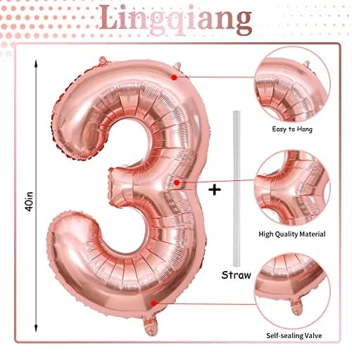 Lingqiang Rose Gold Number 3 Balloon | 40 Inch Large Foil Helium Balloon for Girls & Women Birthday Party Decorations thumbnail 2