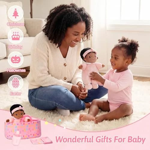 OUOZZZ Black Baby Doll with Bassinet, Blanket & Bottle Set 25cm (10 inch) | Educational Pretend Play Toy for Kids 3+ thumbnail 5