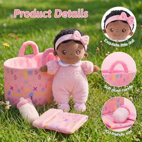 OUOZZZ Black Baby Doll with Bassinet, Blanket & Bottle Set 25cm (10 inch) | Educational Pretend Play Toy for Kids 3+ thumbnail 7