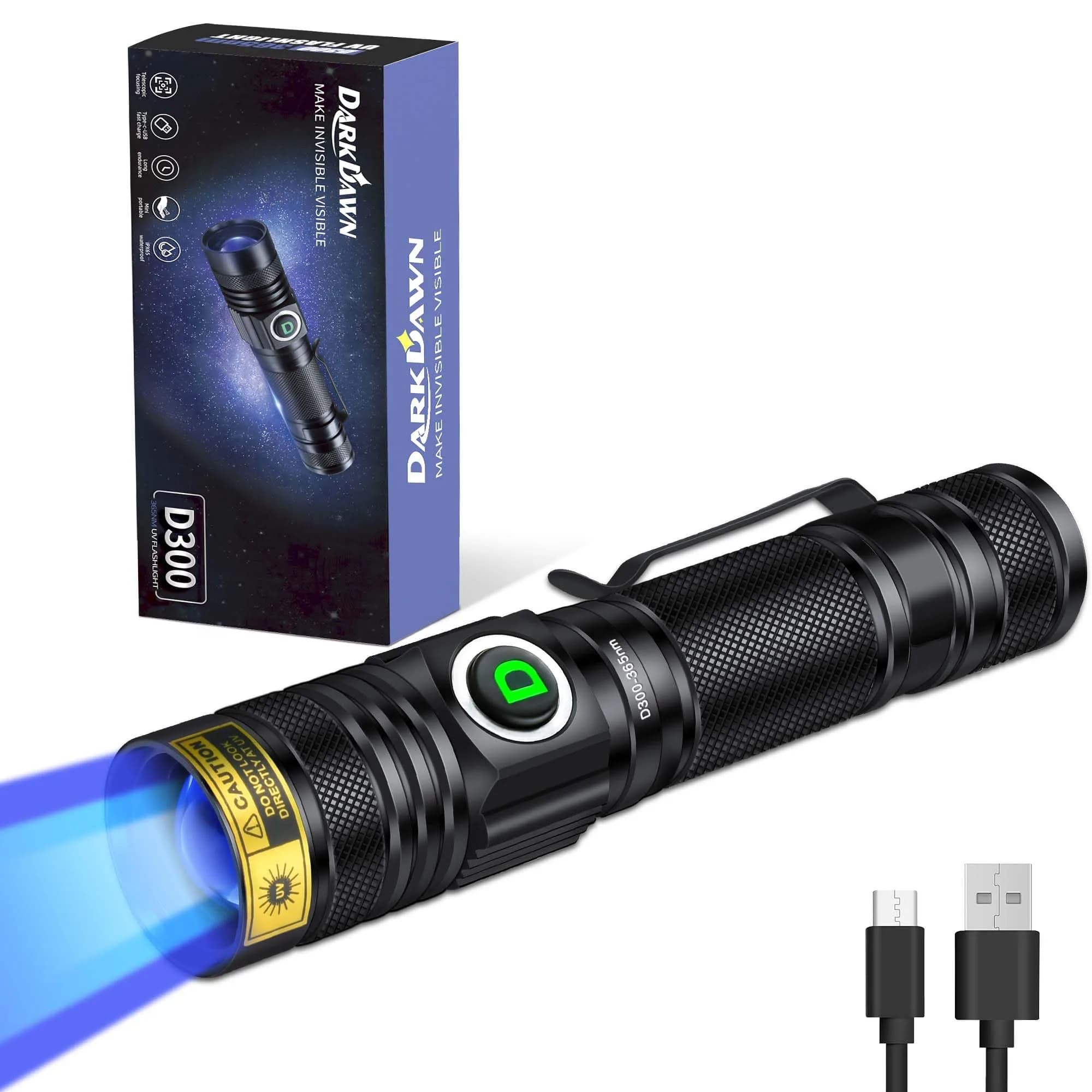 DARKDAWN UV 365nm Light Flashlight | USB Rechargeable Blacklight for Detection & Verification — UV 365nm