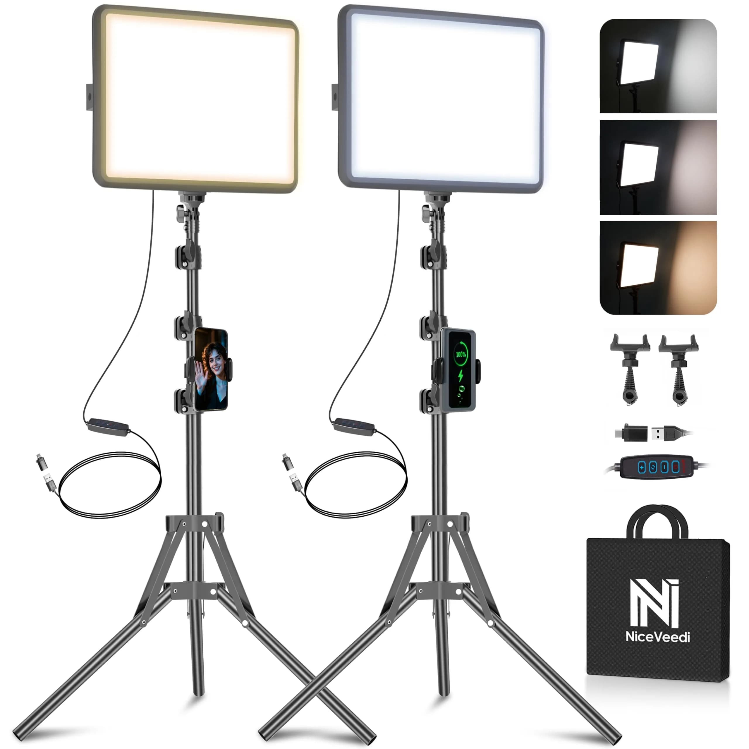 NiceVeedi LED Video Light Kit 2-Pack 15W (25.5cm x 19.8cm) | CRI 97+ Dimmable Studio Lighting with Tripod Stands - main product image