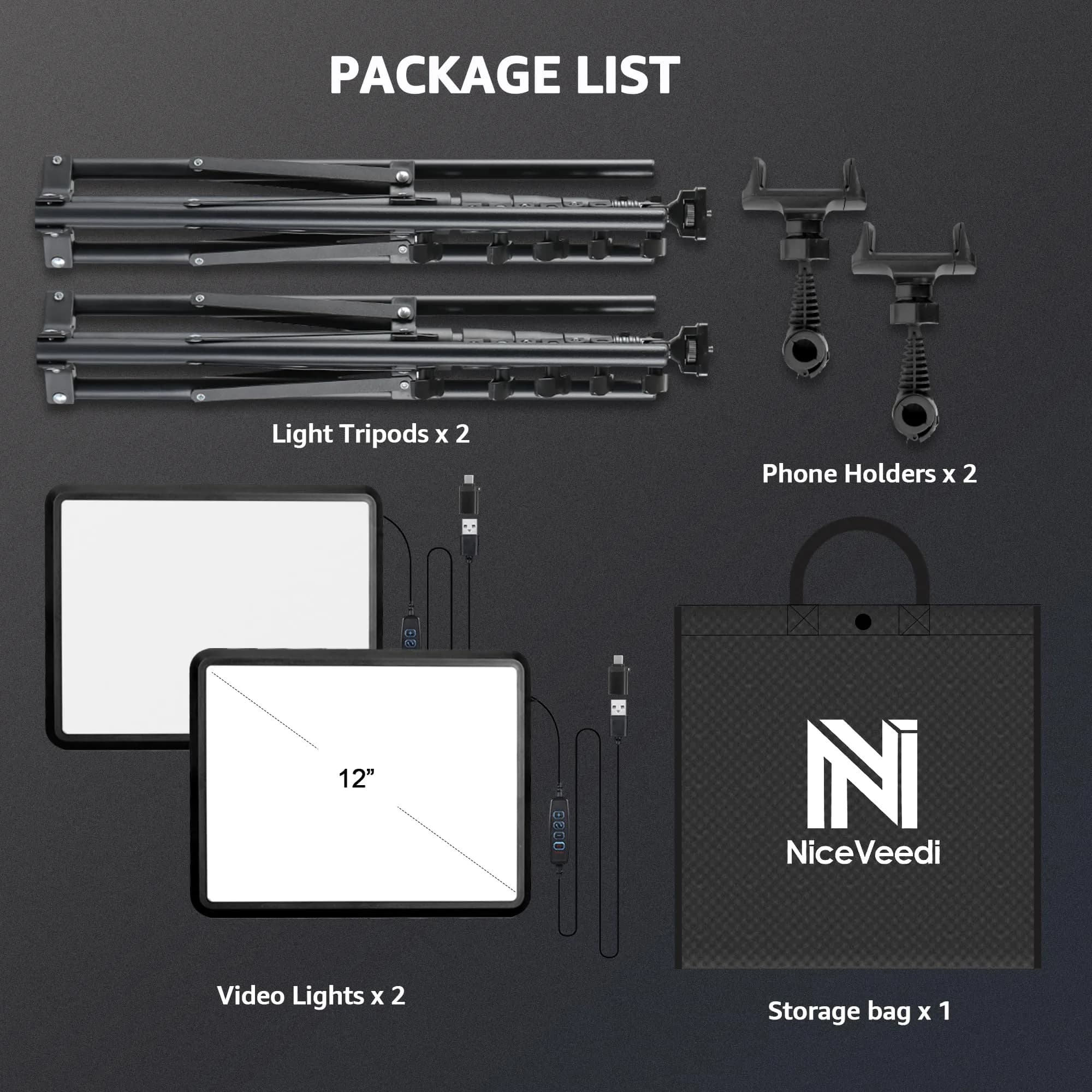 NiceVeedi LED Video Light Kit 2-Pack 15W (25.5cm x 19.8cm) | CRI 97+ Dimmable Studio Lighting with Tripod Stands - view 8