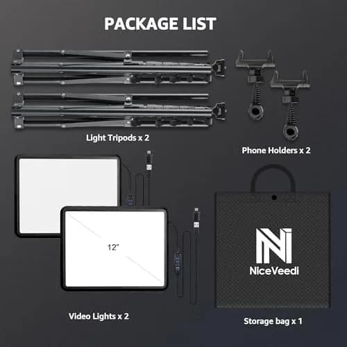 NiceVeedi LED Video Light Kit 2-Pack 15W (25.5cm x 19.8cm) | CRI 97+ Dimmable Studio Lighting with Tripod Stands thumbnail 8