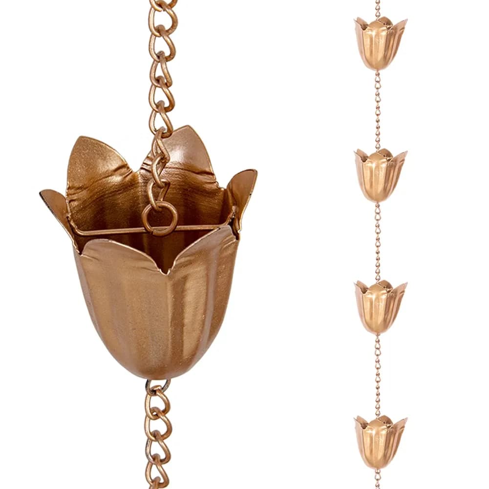 Qipade Tulip Rain Chain 2.53m (8.3 Ft) with 12 Cups | Copper Finish Gutter Downspout Alternative