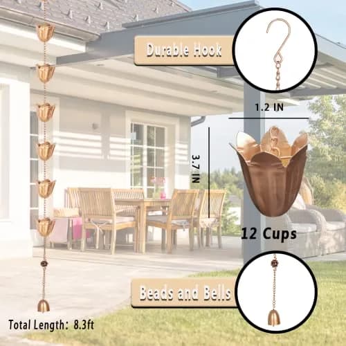 Qipade Tulip Rain Chain 2.53m (8.3 Ft) with 12 Cups | Copper Finish Gutter Downspout Alternative thumbnail 3