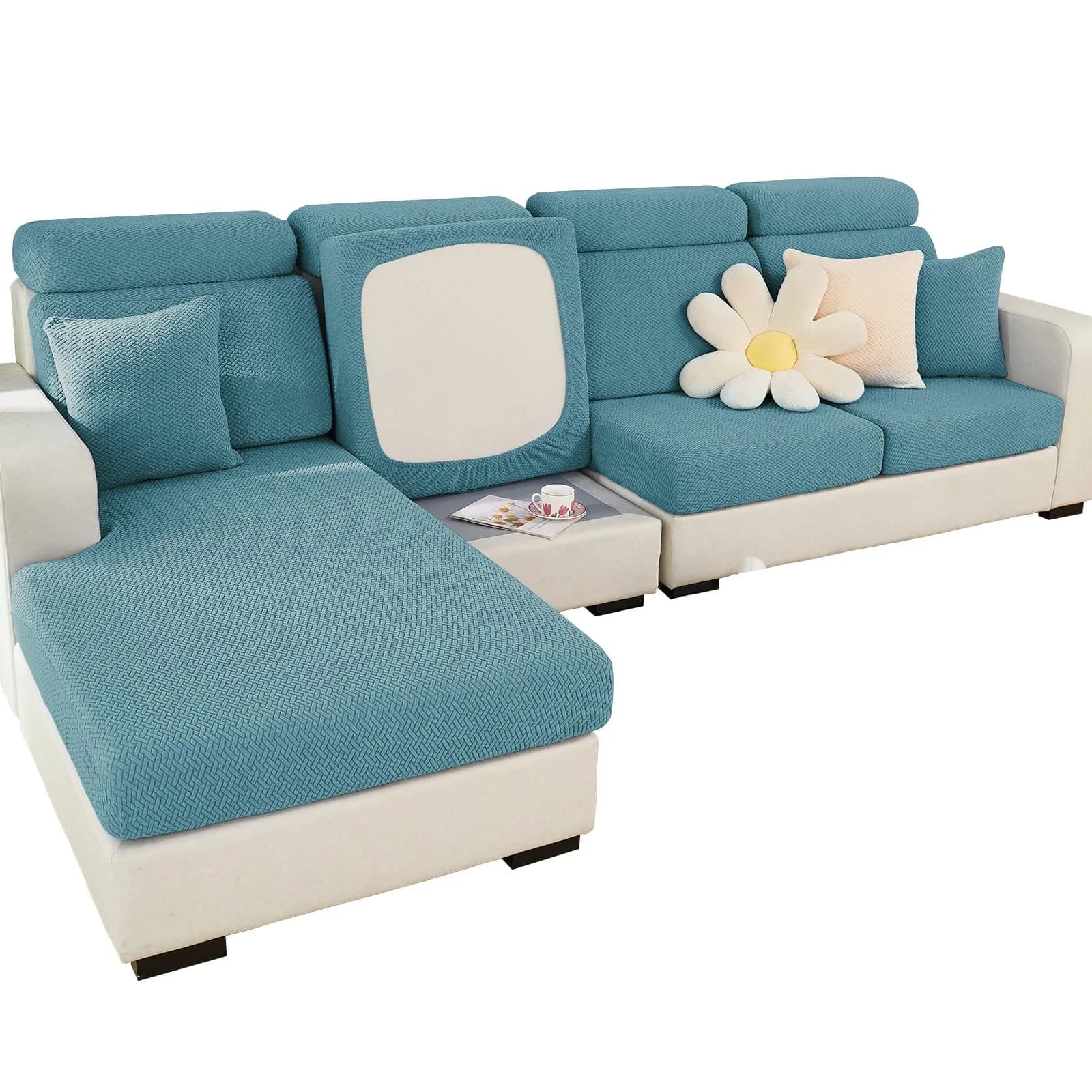 ShowyLive Stretch Sofa Cover for L-Shape Sectional Couch - Weave Sea Blue, Medium Back Cover | Protects Furniture from Pets & Stains
