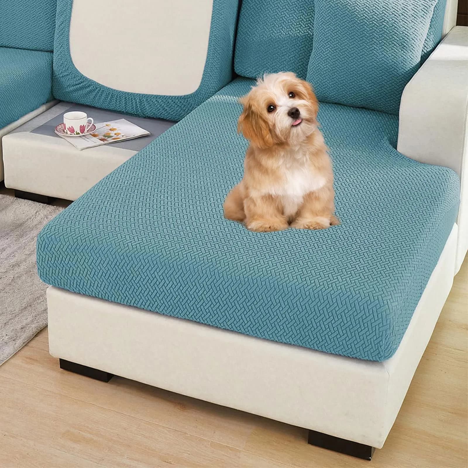 ShowyLive Stretch Sofa Cover for L-Shape Sectional Couch - Weave Sea Blue, Medium Back Cover | Protects Furniture from Pets & Stains - view 7