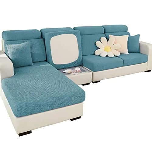 ShowyLive Stretch Sofa Cover for L-Shape Sectional Couch - Weave Sea Blue, Medium Back Cover | Protects Furniture from Pets & Stains thumbnail 1