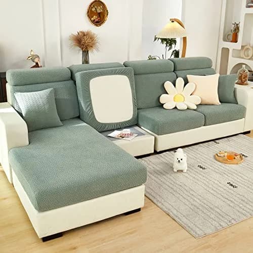 ShowyLive Stretch L-Shape Sofa Cover for Chaise Lounge - Weave Green | 155-185cm Length x 90-110cm Width thumbnail 1