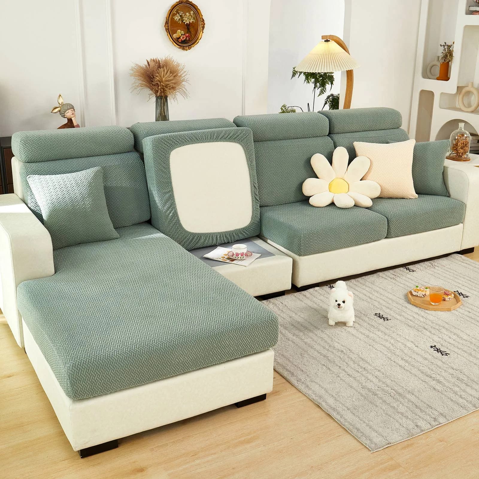 ShowyLive Weave Green Stretch Sofa Cover for L-Shape Sectional Couch, 155-185cm Length (M Back Cover) - main product image