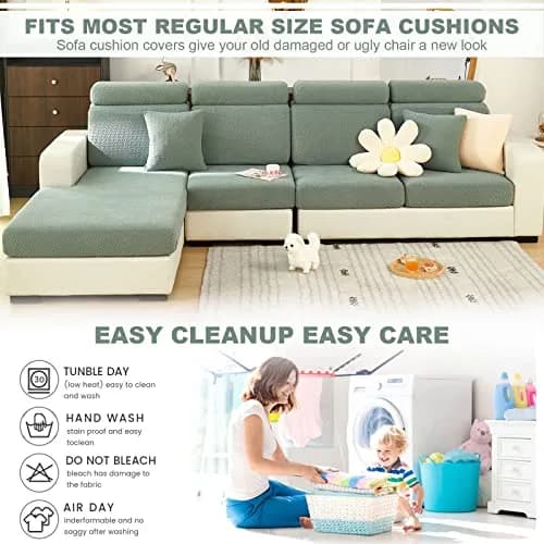 ShowyLive Weave Green Stretch Sofa Cover for L-Shape Sectional Couch, 155-185cm Length (M Back Cover) thumbnail 6