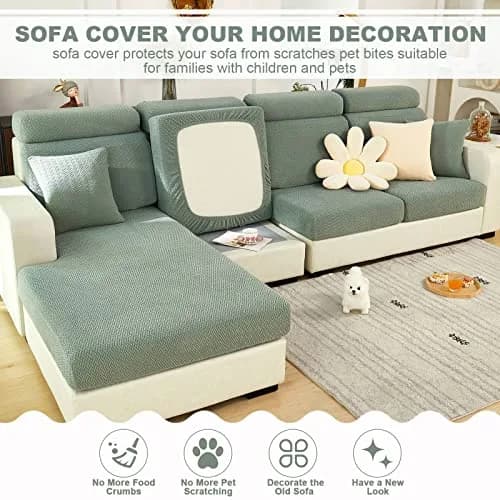 ShowyLive Weave Green Stretch Sofa Cover for L-Shape Sectional Couch, 155-185cm Length (M Back Cover) thumbnail 2