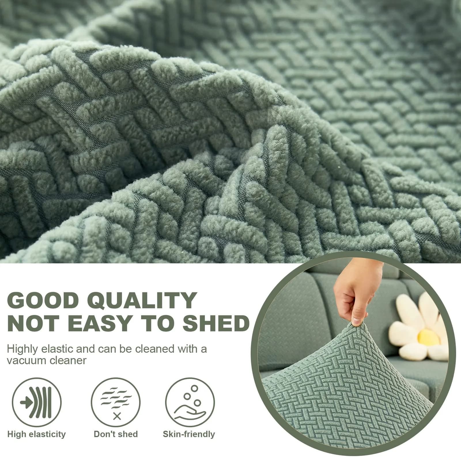 ShowyLive Weave Green Stretch Sofa Cover for L-Shape Sectional Couch, 155-185cm Length (M Back Cover) - view 3