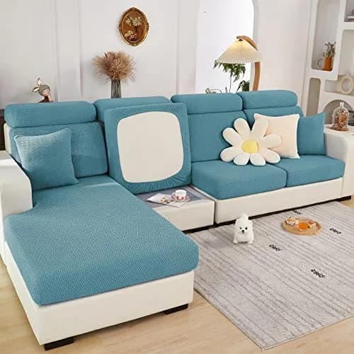 ShowyLive Weave Sea Blue Stretch Sofa Cover for L-Shaped Sectional Couches, Large Single Seat (21.65-35 inch Width) thumbnail 1
