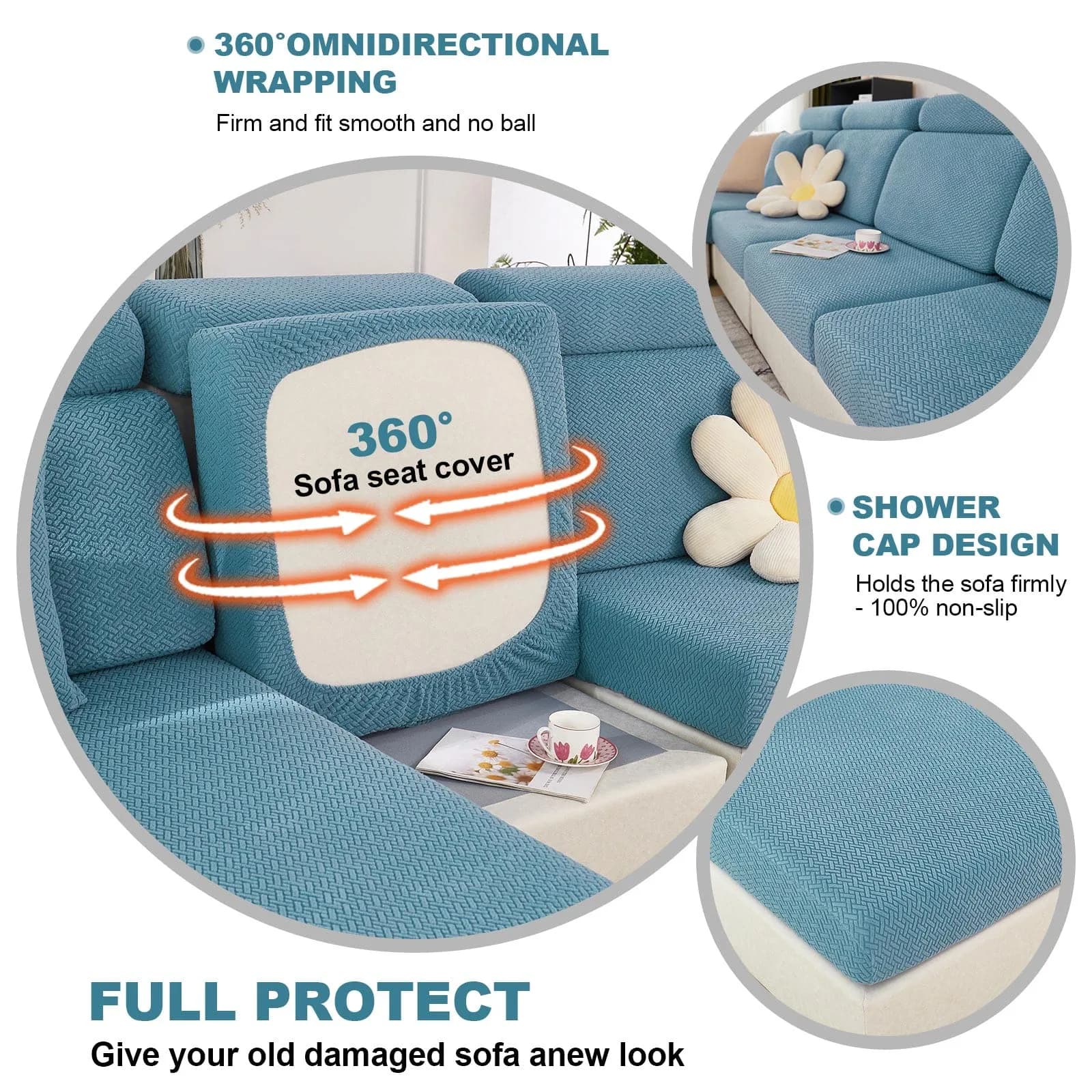 ShowyLive Weave Sea Blue Stretch Sofa Cover for L-Shaped Sectional Couches, Large Single Seat (21.65-35 inch Width) - view 4