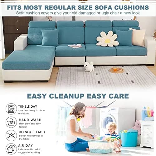 ShowyLive Weave Sea Blue Stretch Sofa Cover for L-Shaped Sectional Couches, Large Single Seat (21.65-35 inch Width) thumbnail 6
