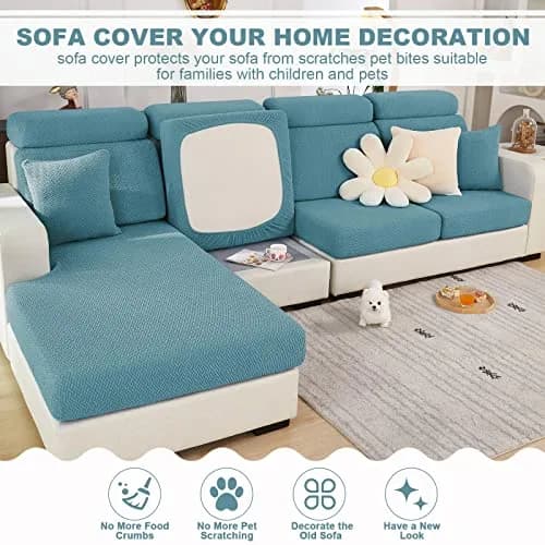 ShowyLive Weave Sea Blue Stretch Sofa Cover for L-Shaped Sectional Couches, Large Single Seat (21.65-35 inch Width) thumbnail 2