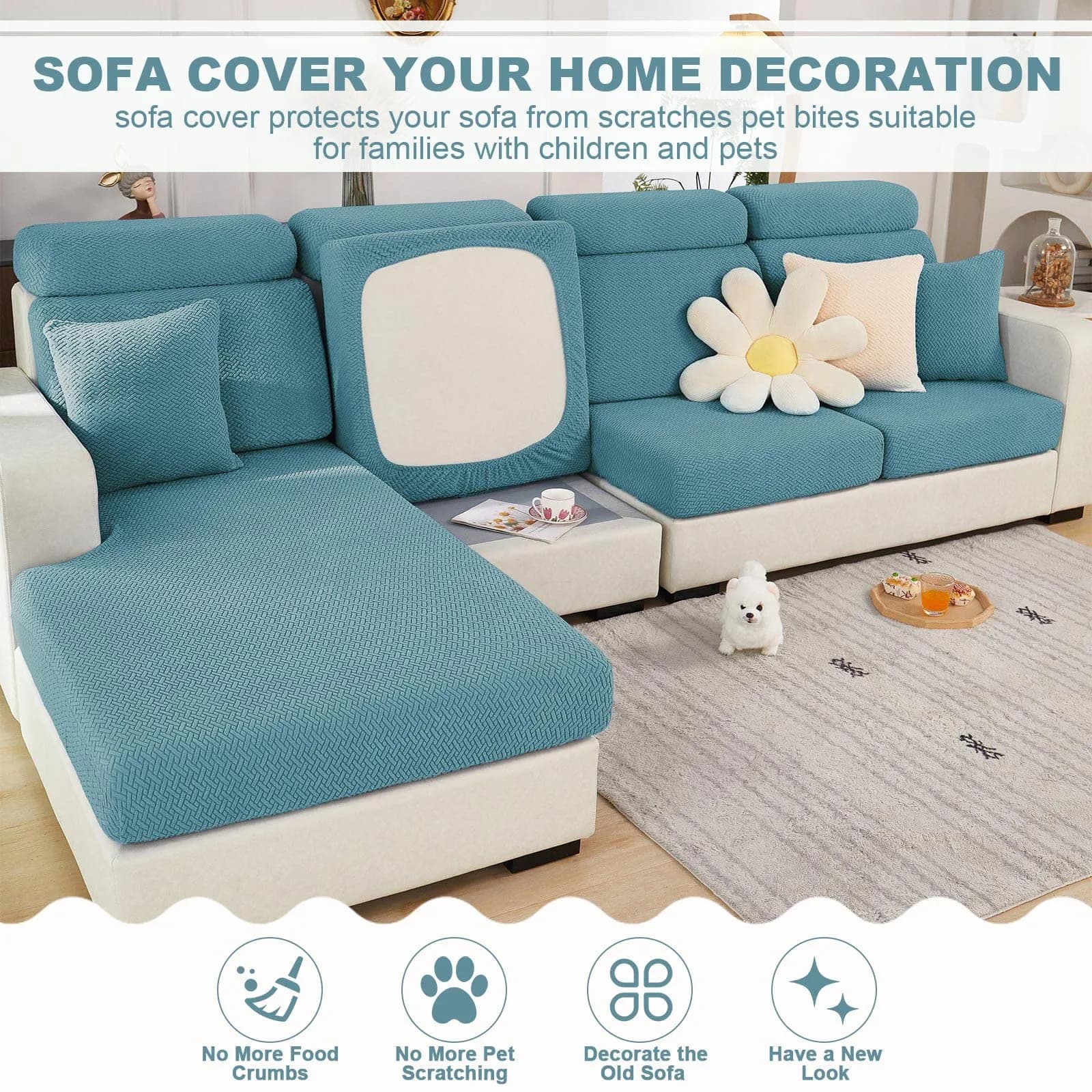 ShowyLive Weave Sea Blue Stretch Sofa Cover for L-Shaped Sectional Couches, Large Single Seat (21.65-35 inch Width) - view 2