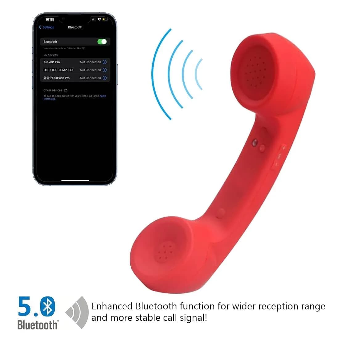 LIONSOUL Retro Bluetooth Handset for Cell Phones & Computers - Vibrant Red - view 3