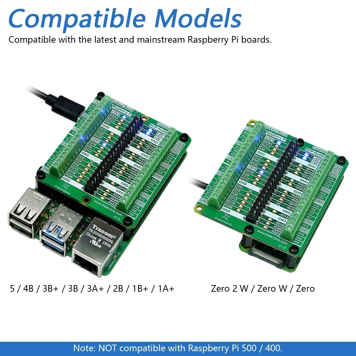 Freenove Breakout Board for Raspberry Pi 5 4B 3B+ Zero 2 W HAT | GPIO Status LEDs & Terminal Block - view 6