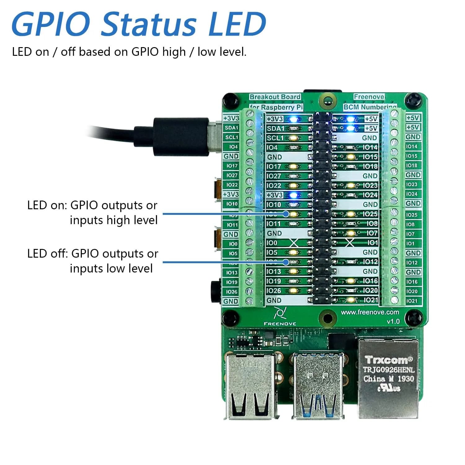 Freenove Breakout Board for Raspberry Pi 5 4B 3B+ Zero 2 W HAT | GPIO Status LEDs & Terminal Block - view 3