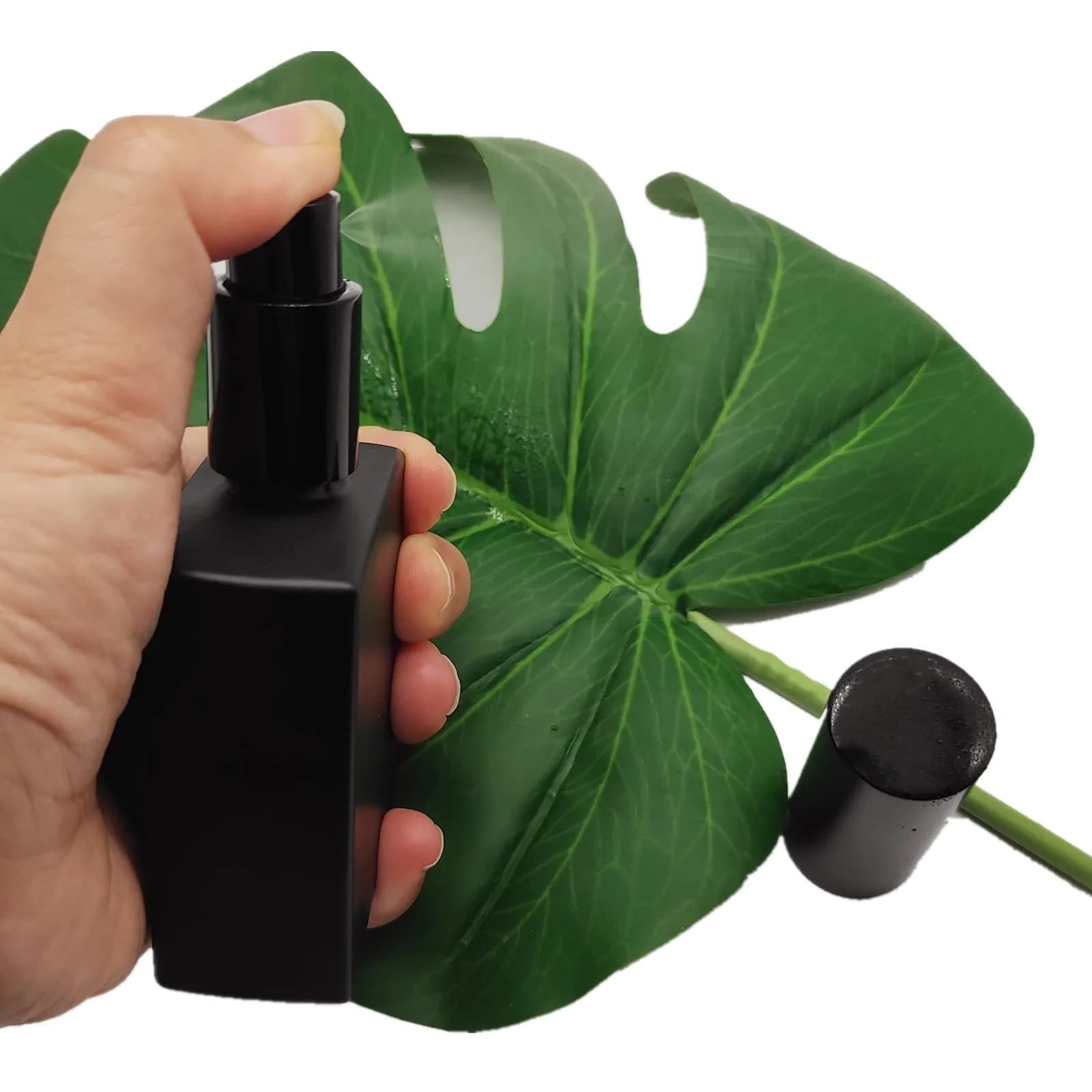 PimyRcyi 8PCS Square Glass Spray Bottle 50ml (1.7oz) | Matte Black Fine Mist Refillable Container - view 6