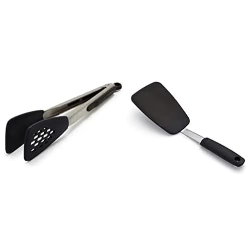 OXO Good Grips Large Silicone Flexible Turner & Tongs Set, Black | Heat-Resistant to 600°F, Non-Stick Safe thumbnail 1