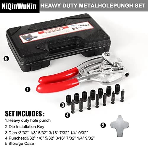 NiQinWuKin Heavy Duty Hole Punch Tool Set | Professional Metal Hand Punch 3/32in to 9/32in | Red thumbnail 6