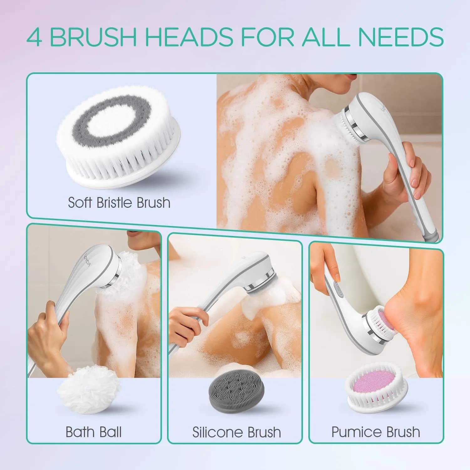 VOYOR BC100 Electric Body Brush with Long Handle | 4-in-1 Exfoliating Spin Brush for Shower - view 3
