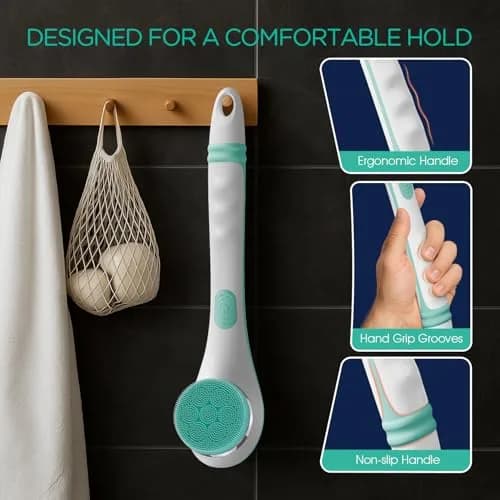 VOYOR Electric Silicone Body Scrubber BC100 Blue | Long Handle Back Scrubber for Shower with 4 Brush Heads thumbnail 4