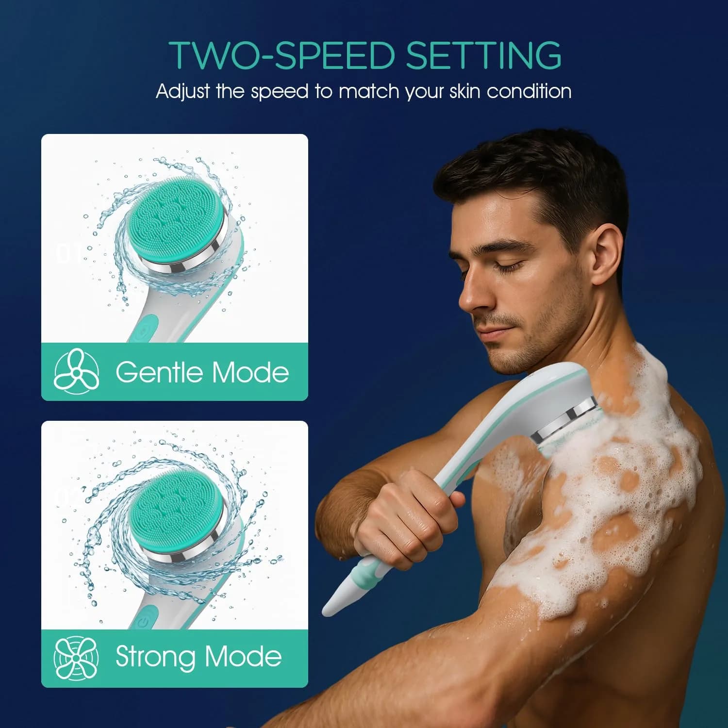 VOYOR Electric Silicone Body Scrubber BC100 Blue | Long Handle Back Scrubber for Shower with 4 Brush Heads - view 5