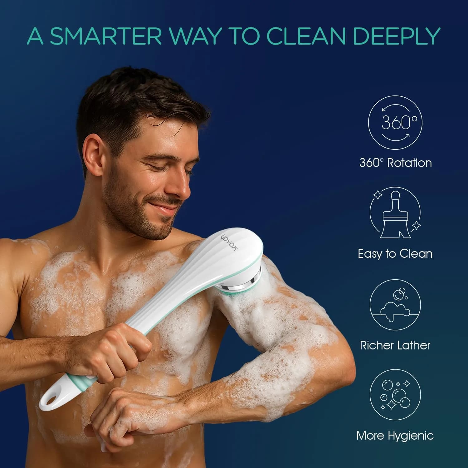 VOYOR Electric Silicone Body Scrubber BC100 Blue | Long Handle Back Scrubber for Shower with 4 Brush Heads - view 2