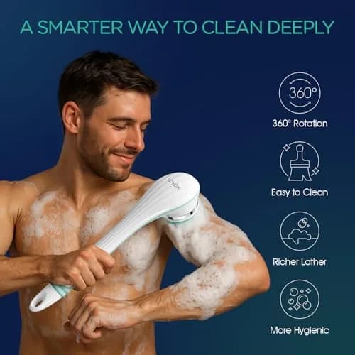 VOYOR Electric Silicone Body Scrubber BC100 Blue | Long Handle Back Scrubber for Shower with 4 Brush Heads thumbnail 2