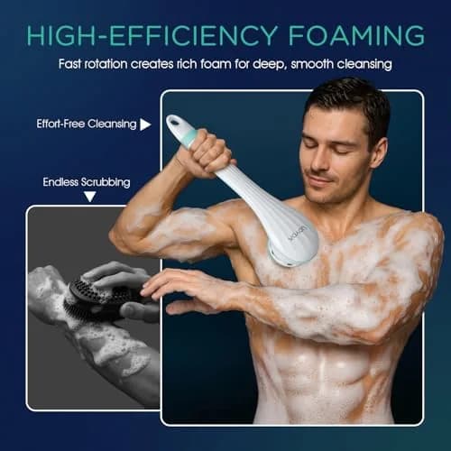 VOYOR Electric Silicone Body Scrubber BC100 Blue | Long Handle Back Scrubber for Shower with 4 Brush Heads thumbnail 3