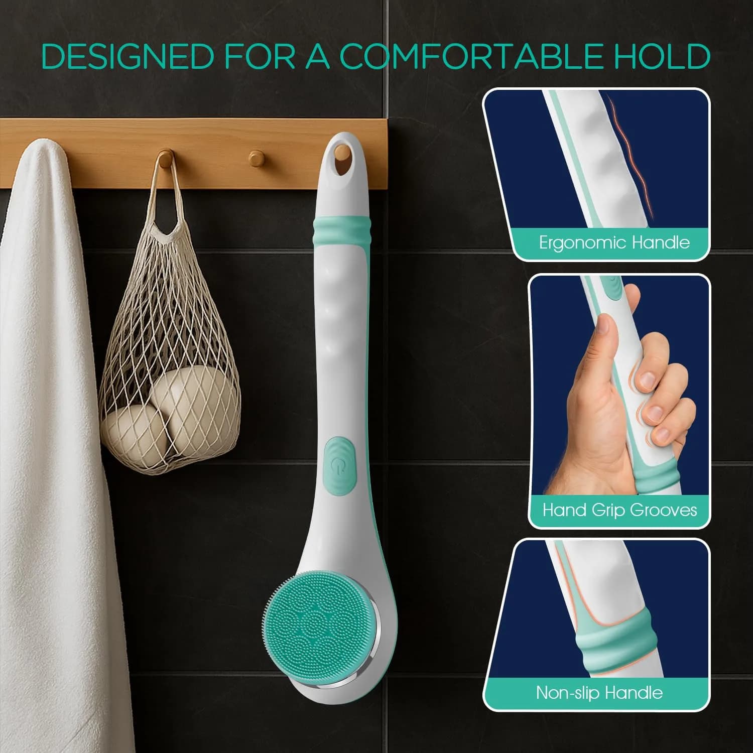 VOYOR Electric Silicone Body Scrubber BC100 Blue | Long Handle Back Scrubber for Shower with 4 Brush Heads - view 4
